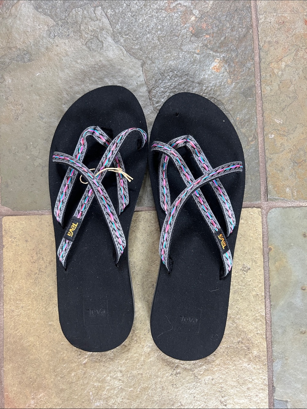 Teva Black Sandals with Pink and Blue Patterned Straps
